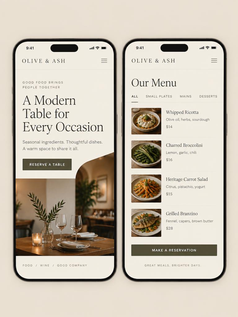 Demo restaurant website shown on two mobile phones, with menu listings and reservation button