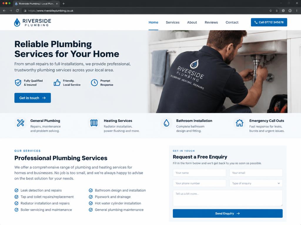 Demo plumbing services website shown in a browser, with service cards and an enquiry form